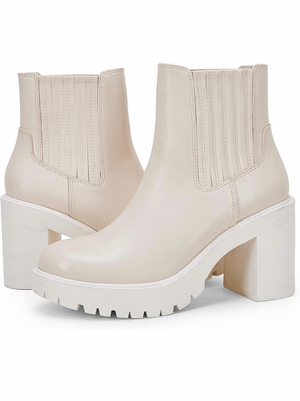 Women's Cream Chelsea Block Heel Ankle Boots